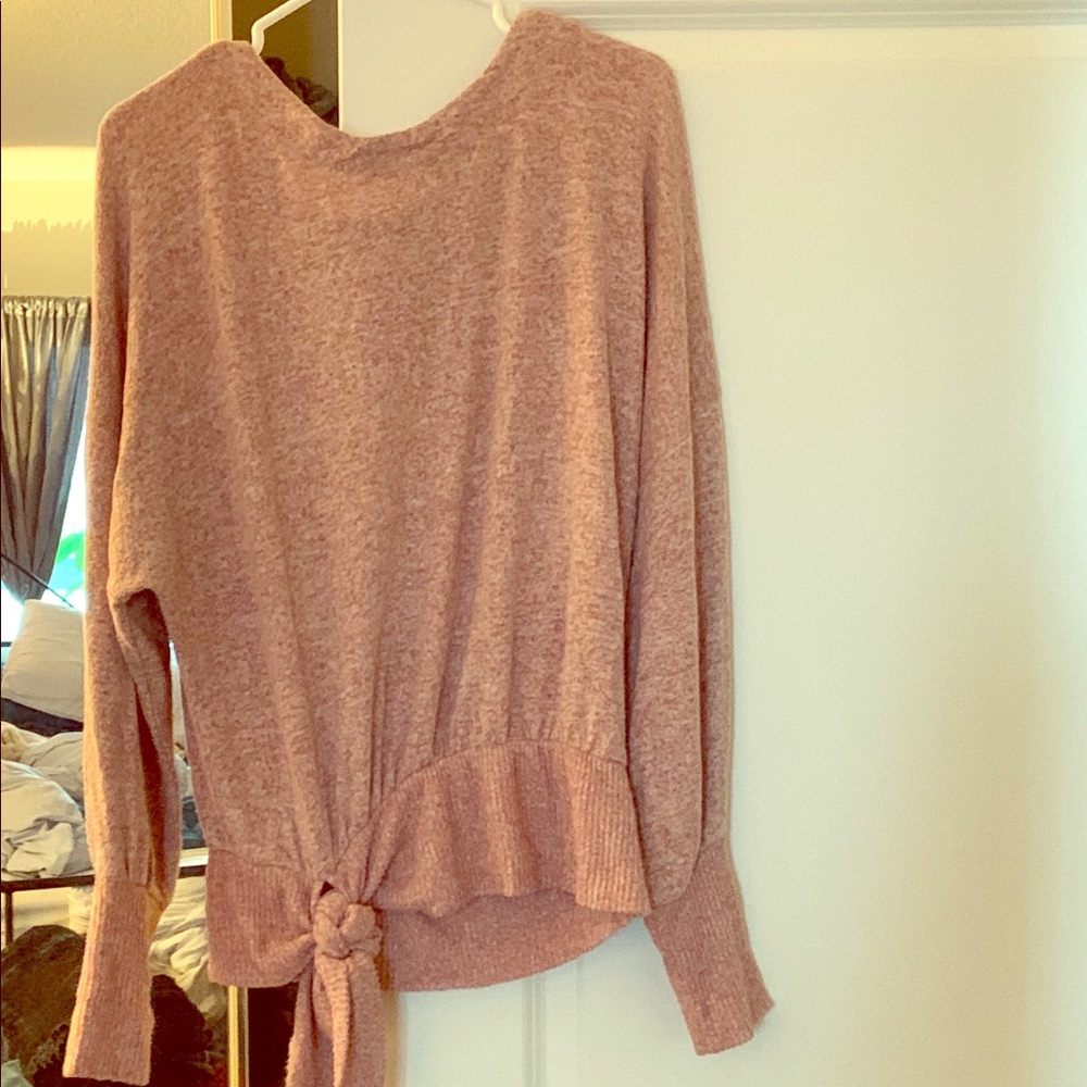 Anthropologie Rose Pink Tie-Hem Crewneck Sweater